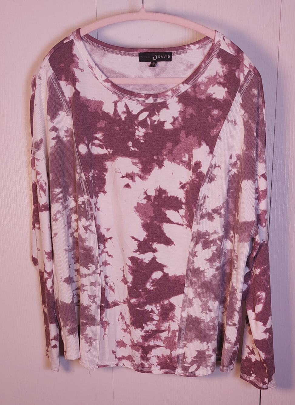 Fred David Tie Dye Top Size 2X Waffle Knit Long Sleeve Pullover Raw Hem Boho